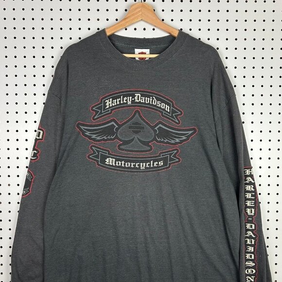 Harley Davidson Motorcycle Long Sleeve T‎ Shirt XL Y2K Bumpus Flames Gray Worn - Picture 1 of 8
